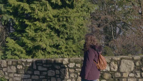 Young-woman-walks-next-to-a-large-green-forest-on-her-trip-through-Europe