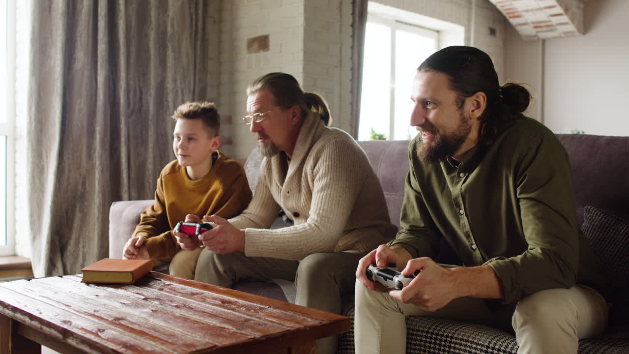 Caucasian men and boy in the living room