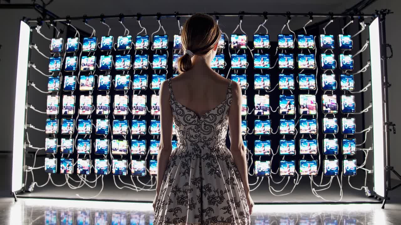 Professional woman standing before synchronized digital screens displaying evolving abstract visual patterns in dark studio, embodying technological innovation and contemporary design aesthetics