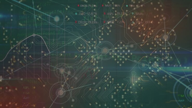 Animation of integrated circuit, connections and circles on green background