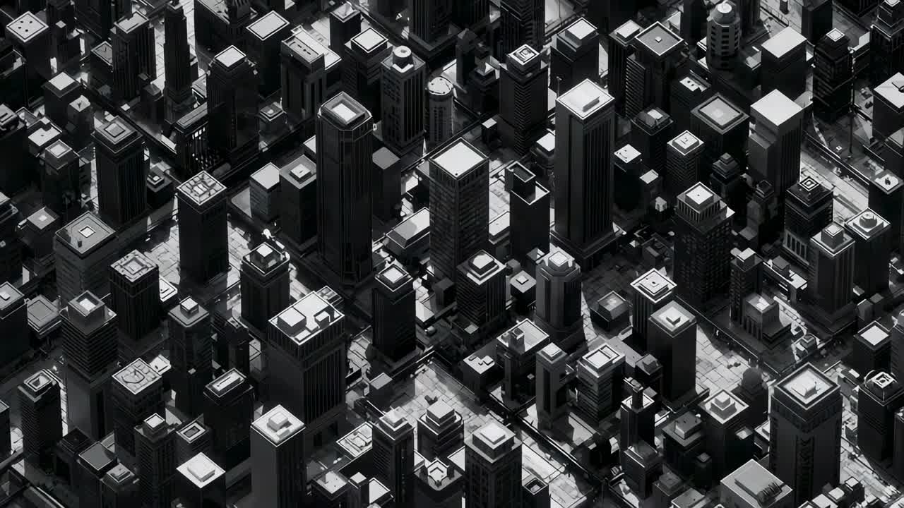 Panning camera revealing dense downtown high-rise rooftops and vents in bright sun showing geometry