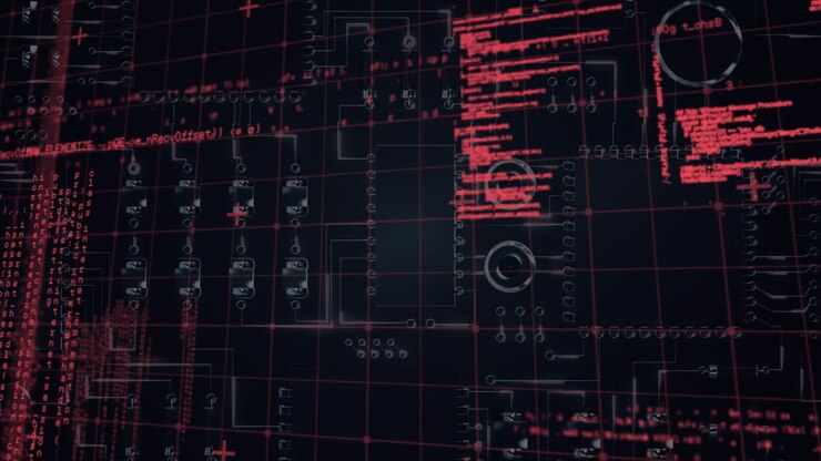 Animation af databehandling over et integreret kredsløb i et rødt og sort rum