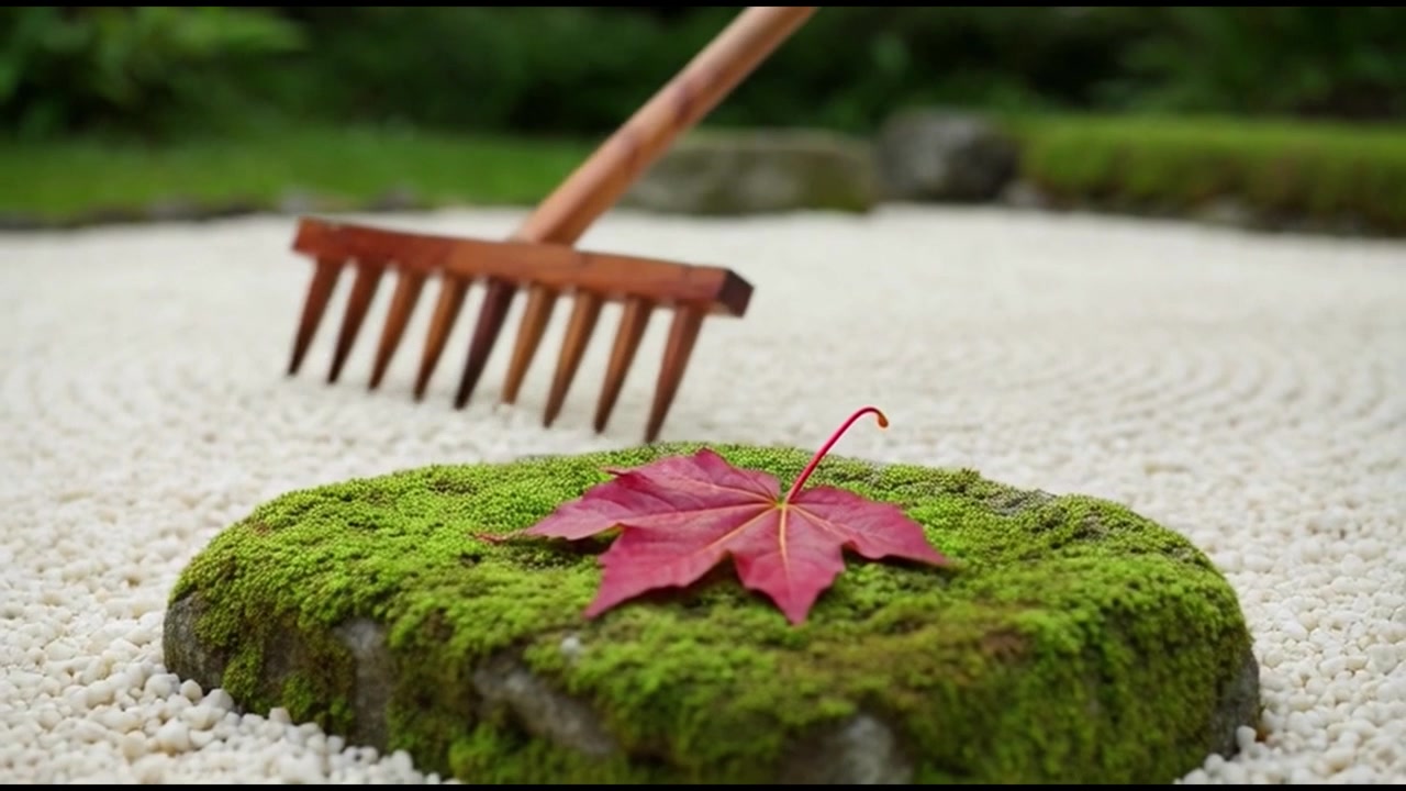 Wooden Rake Creating Patterns in a Zen Garden with Mossy Stone