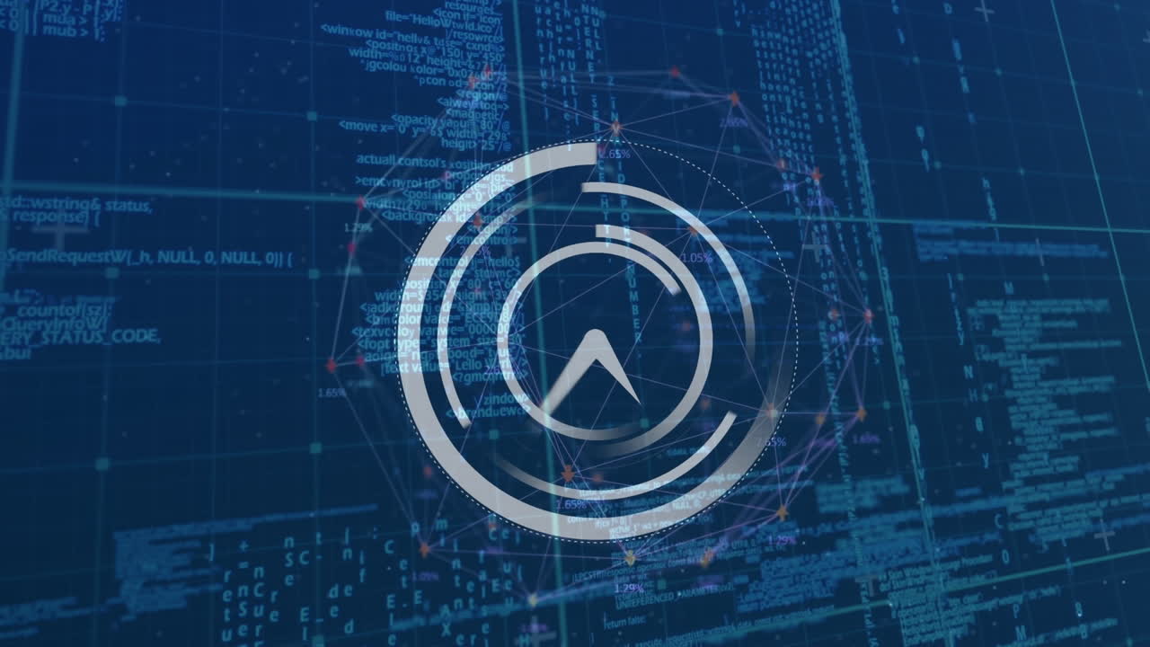 Animation of clock with data processing and network of connections over black background