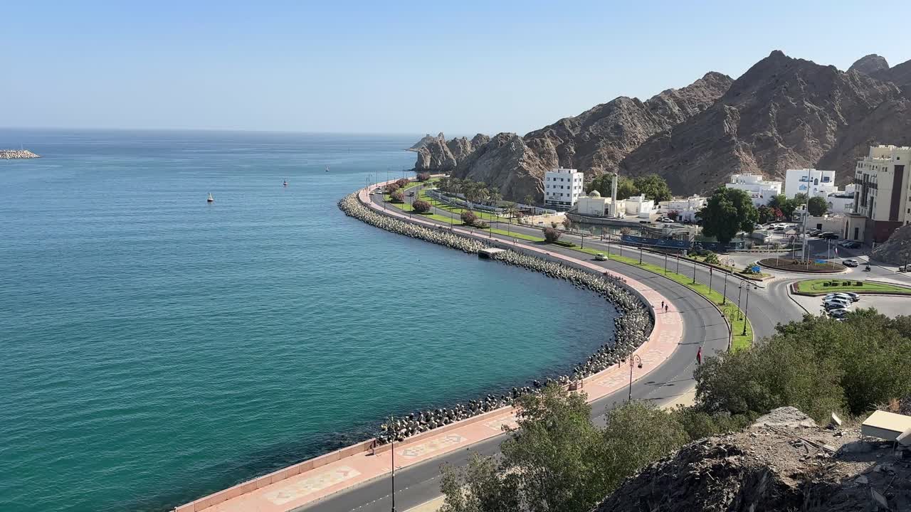 Muscat Corniche 4K Waterfront Coastal Cityscape Mutrah Harbor Oman Gulf Middle East Seaside Promenade Footage