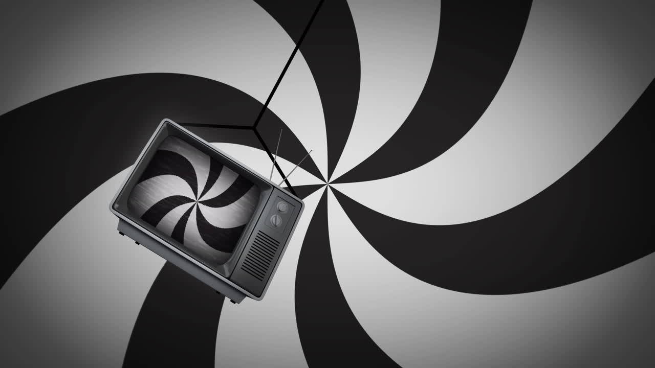 animación de rayas blancas y negras girando sobre la televisión retro en el fondo de rayas blancas y negras