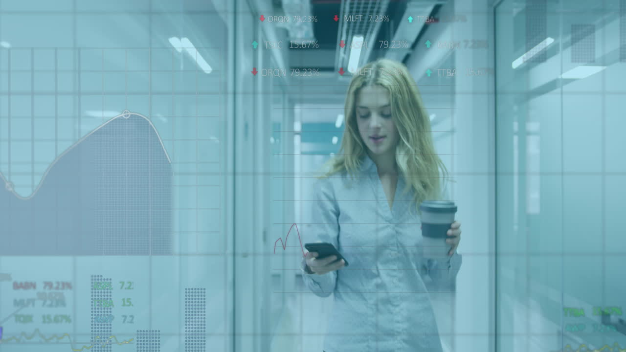 Animation of statistical data processing over caucasian woman drinking coffee and walking at office