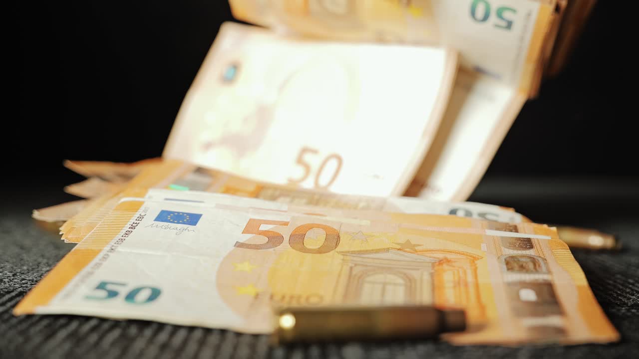 Euro Bills Scatter, Bullets on Carpet, Slow Mo, black market finance symbolism