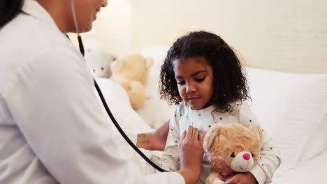 girl, stethoscope and doctor to check breathing