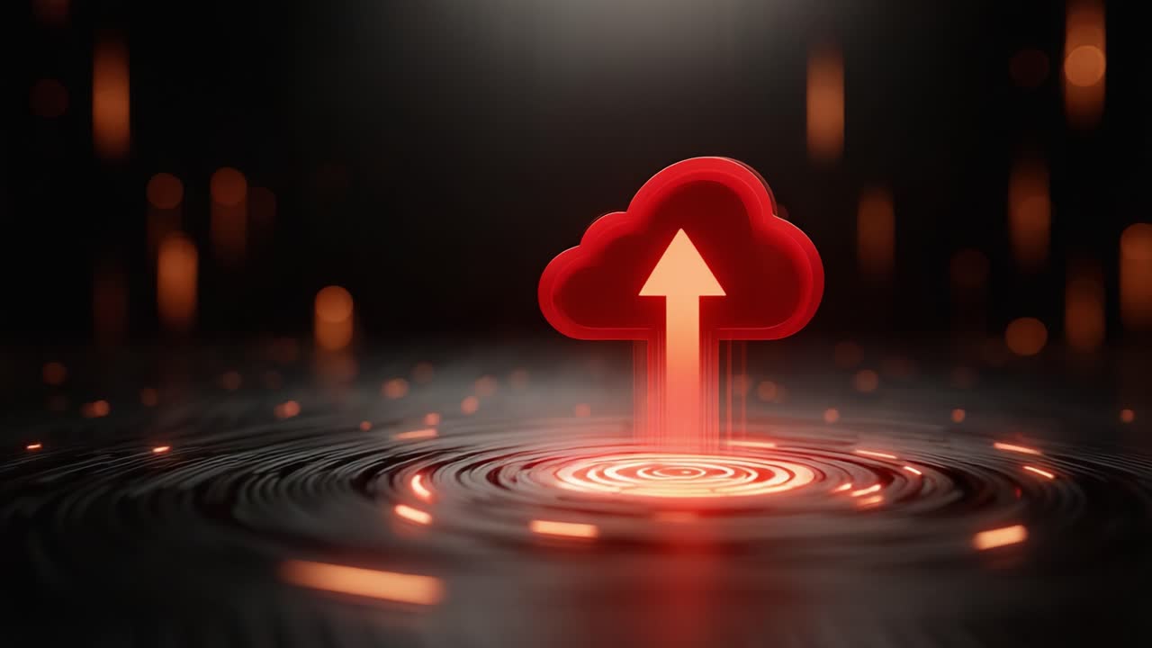 A Stunning Visualization of Cloud Technology: The Ascending Red Cloud Icon Representing Data Uploads in a Glowing Digital Environment