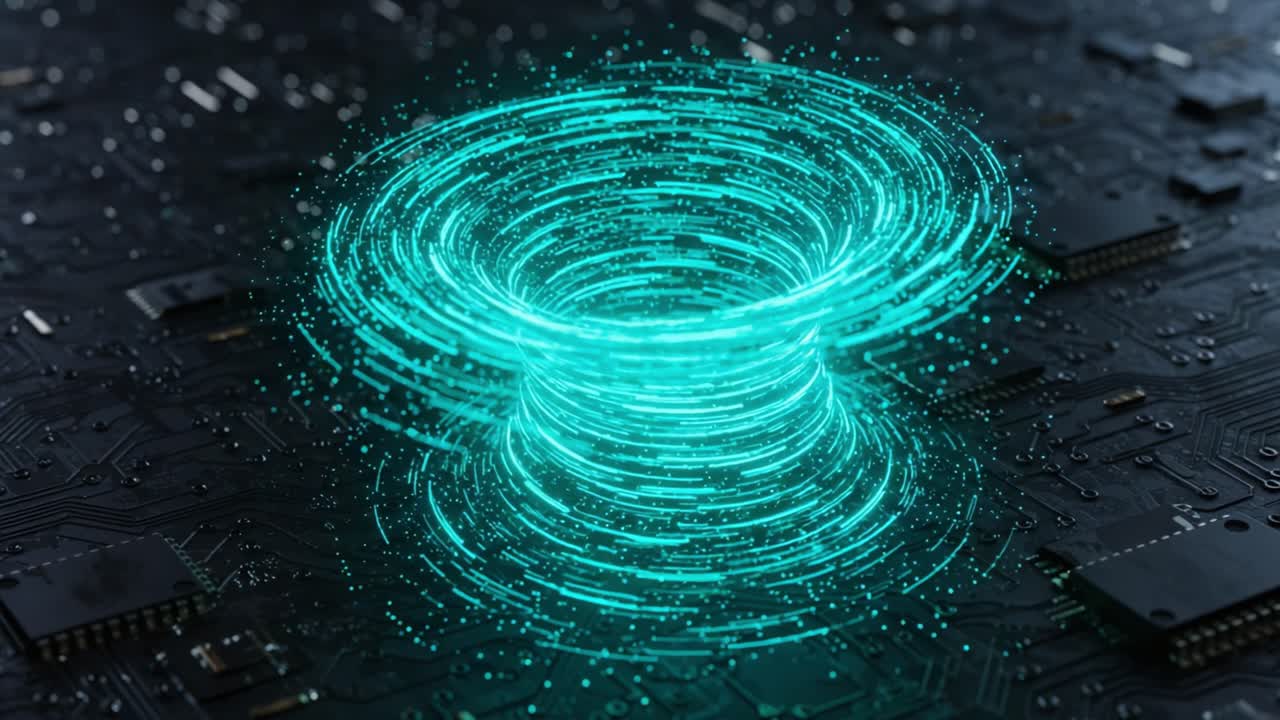 A mesmerizing digital vortex emanating an ethereal glow, showcasing a captivating representation of energy flow and technological artistry against a backdrop of intricate circuit patterns