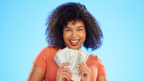 face, dollars and woman with money fan dancing