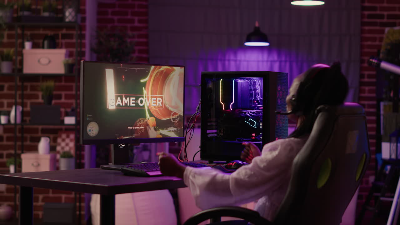 African american woman streaming first person shooter competition upset after losing online tournament on gaming pc