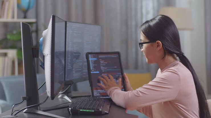 Asian Teen Girl Programmer Looking At Database On Tablet While Creating Software Engineer Developing App, Program, Video Game On Desktop Computer At Home