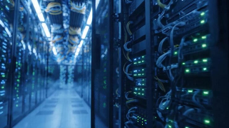 High-Tech Data Center: Exploring an Advanced Server Room Featuring Rows of High-Performance Servers and Illuminated Networking Equipment in a Modern Facility