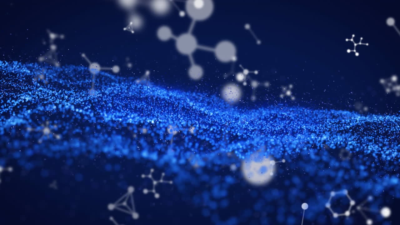 추상적인 배경에 대한 파동 패턴을 형성하는 점 위에 떠다니는 뉴클레오티드의 애니메이션