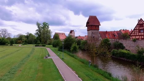 aerial view beautiful panorama over the green meadow the river and the ancient city