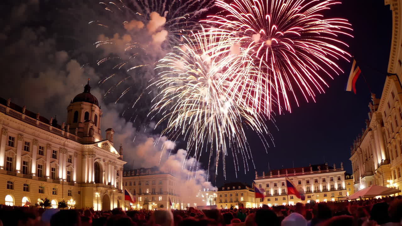Fireworks Celebration in a European City Square