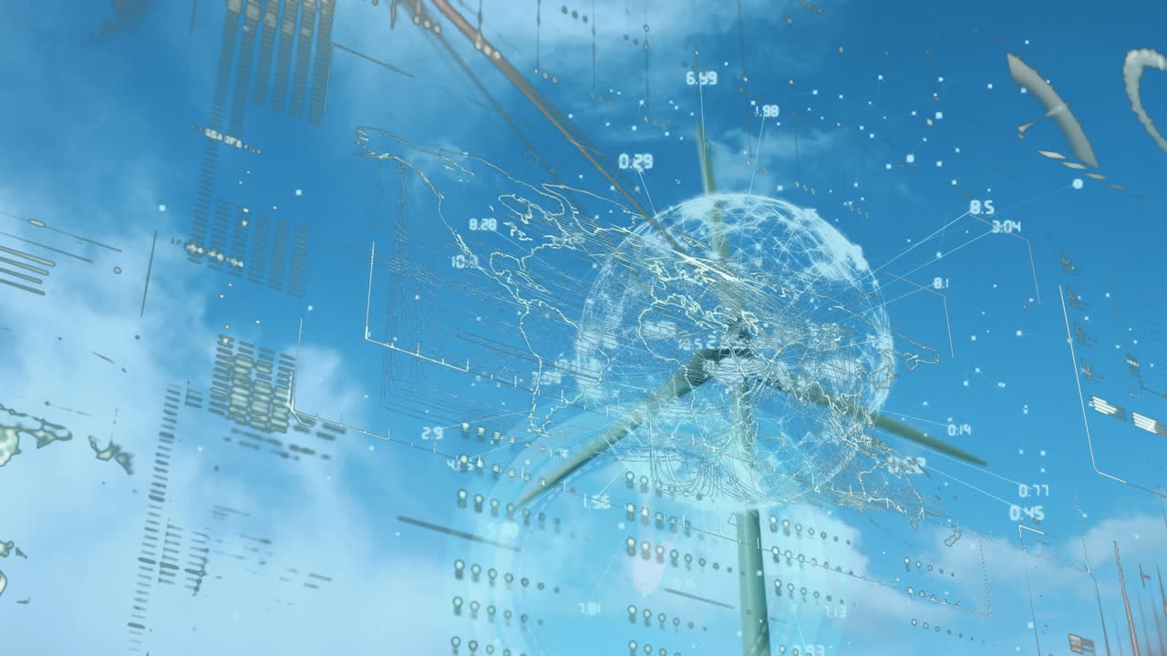 하늘을 대비하여 풍차의 낮은 각도 뷰를 통해 지구와 디지털 인포그래픽 인터페이스의 애니메이션