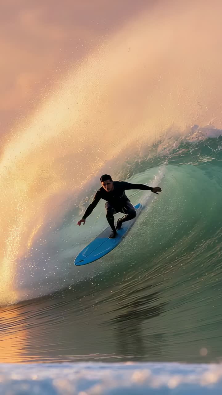 Video verticale: surfista che cavalca un'onda che si infrange in mare su una tavola blu, con muta nera, pronto a uscirne