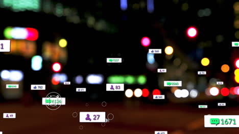 animación de iconos de redes sociales y números fuera de foco de la ciudad y las luces de los coches