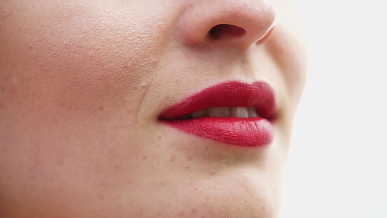 Woman's Face Close-up with Red Lipstick and Curly Hair