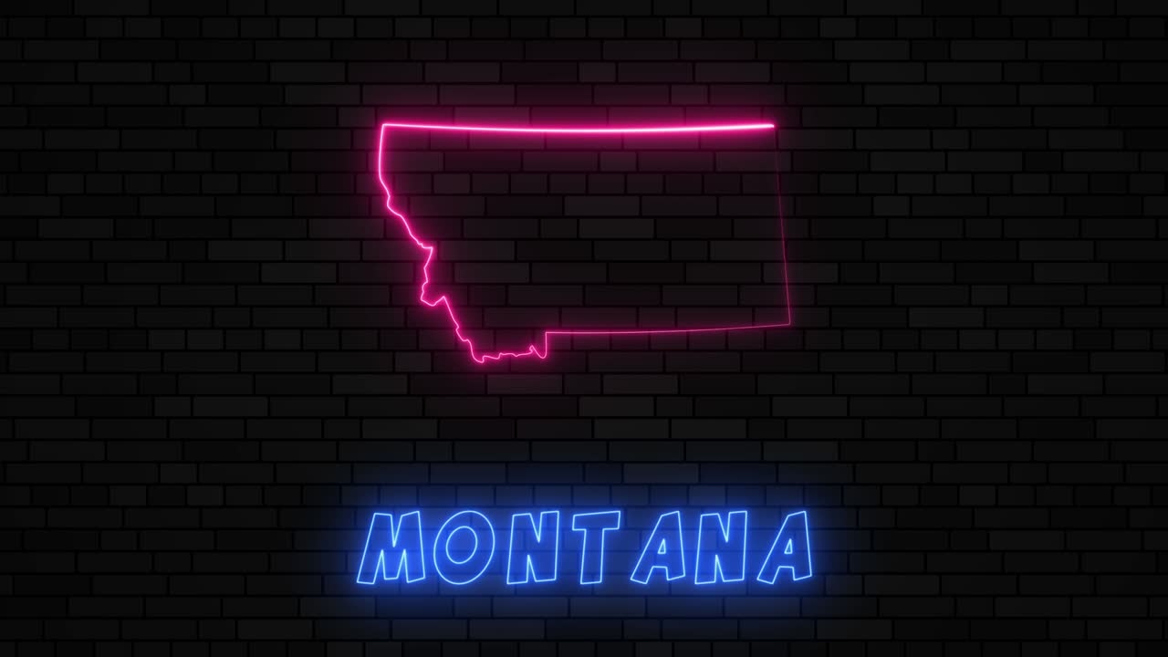 estado de montana mapa silueta con línea de neón en un fondo de pared de ladrillo oscuro