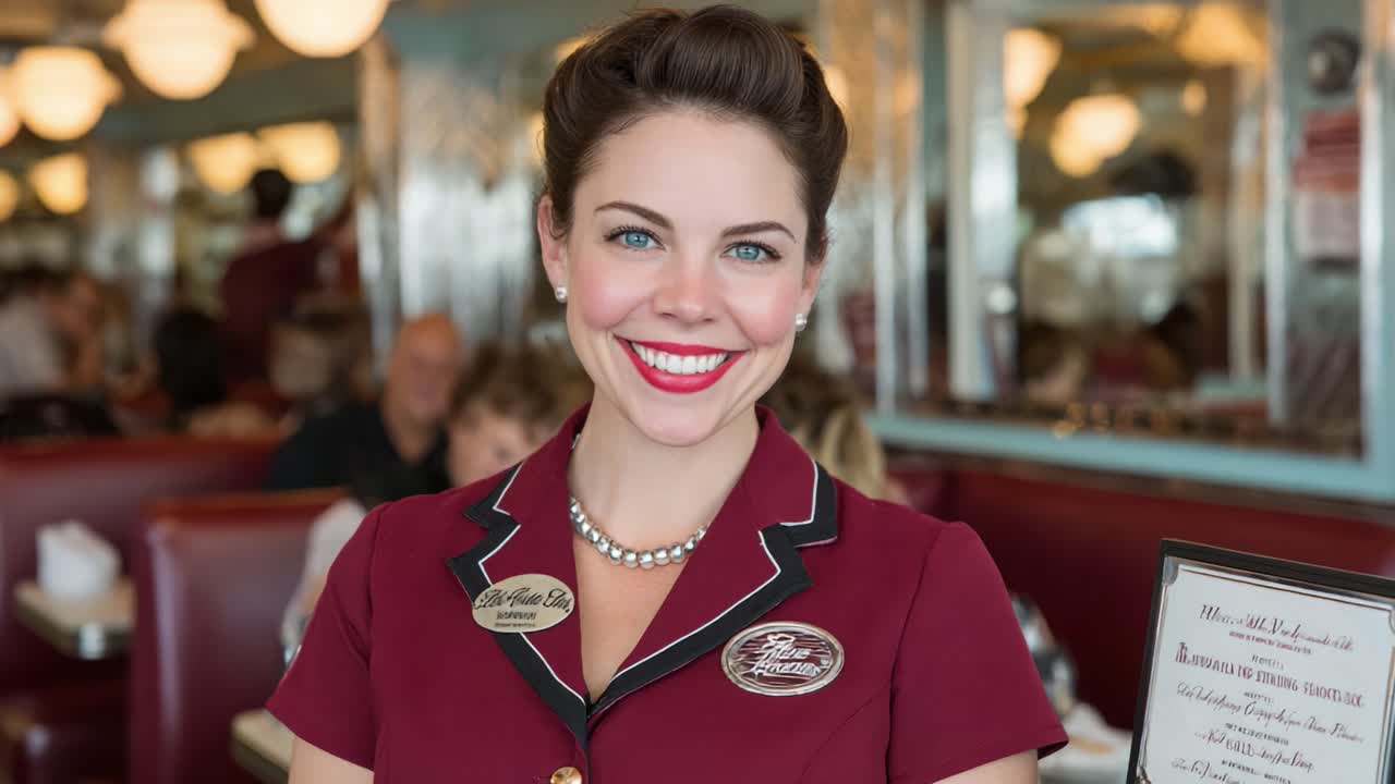 En glad servitrice i en livlig diner, der viser sit strålende smil og klassiske påklædning, hvilket forstærker den nostalgiske atmosfære i restaurantoplevelsen.