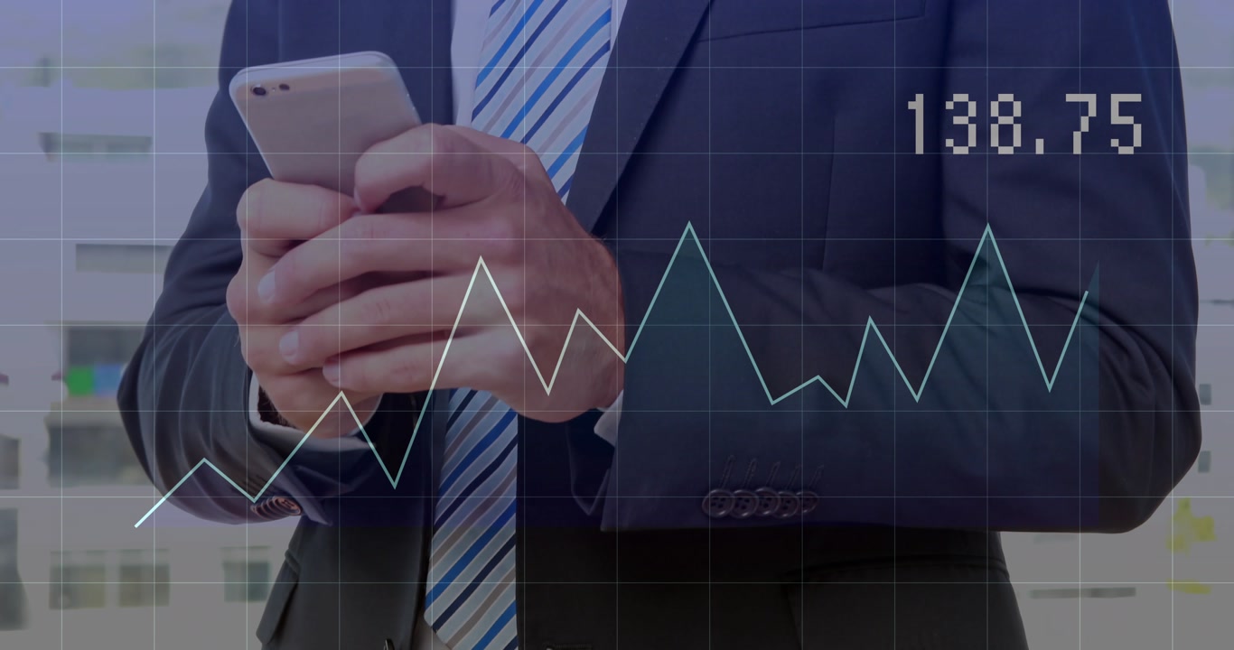 Businessman tapping smartphone and swiping chart overlay monitoring real-time financial metrics