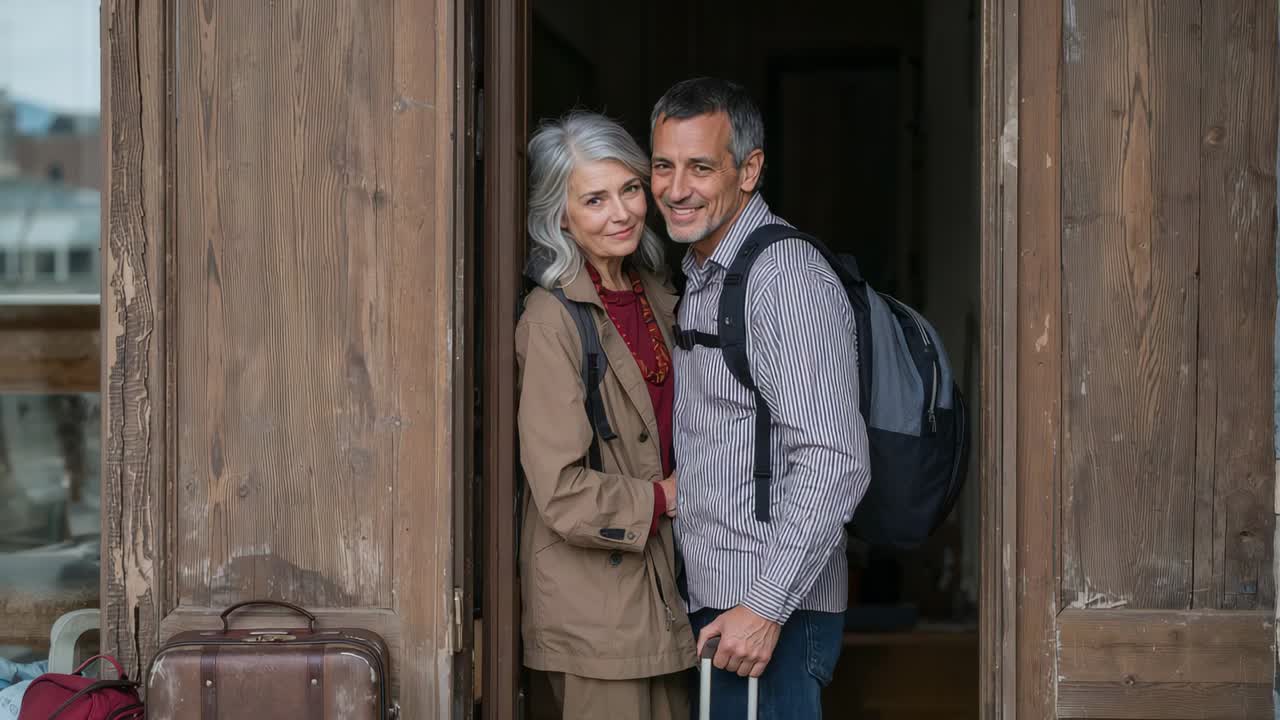 Pareja sénior de pie sujetando una maleta y mochilas en una puerta de madera; la puerta se abre para la partida