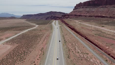 highway interstate road in southwest desert near moab, utah - aerial