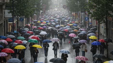 people walking with colorful umbrellas on a rainy city street