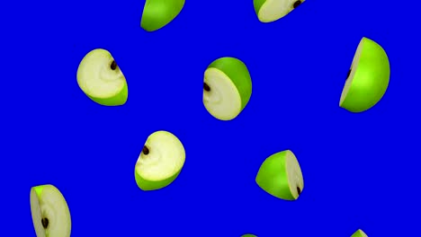 pieces of green apple falling on blue screen, seamless loop, cg