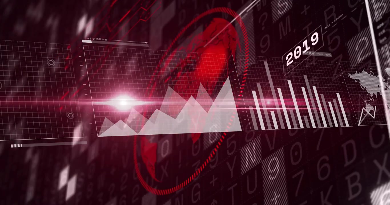 Grid shifting triggers line graph growing, area chart sliding, bars rising, map visualizing trends