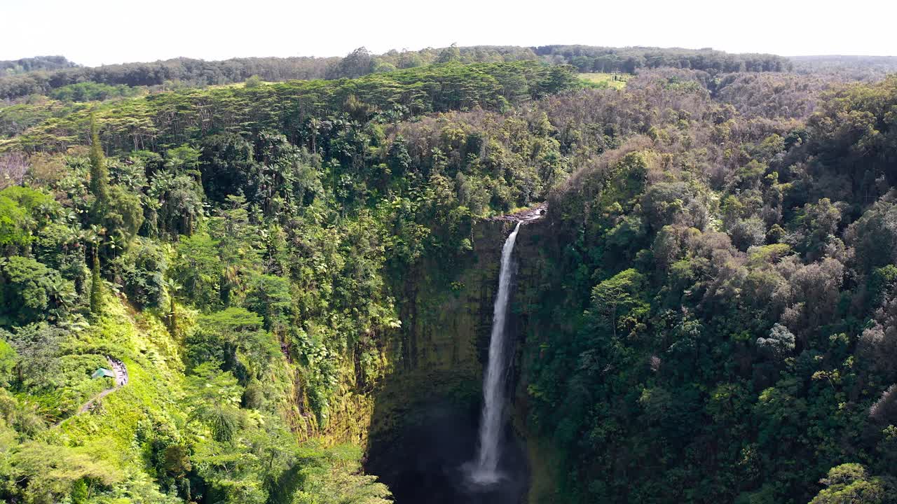 Aerial footage of a tall, narrow waterfall cascading from a rocky cliff into a shaded pool, framed by lush green tropical rainforest and rugged terrain