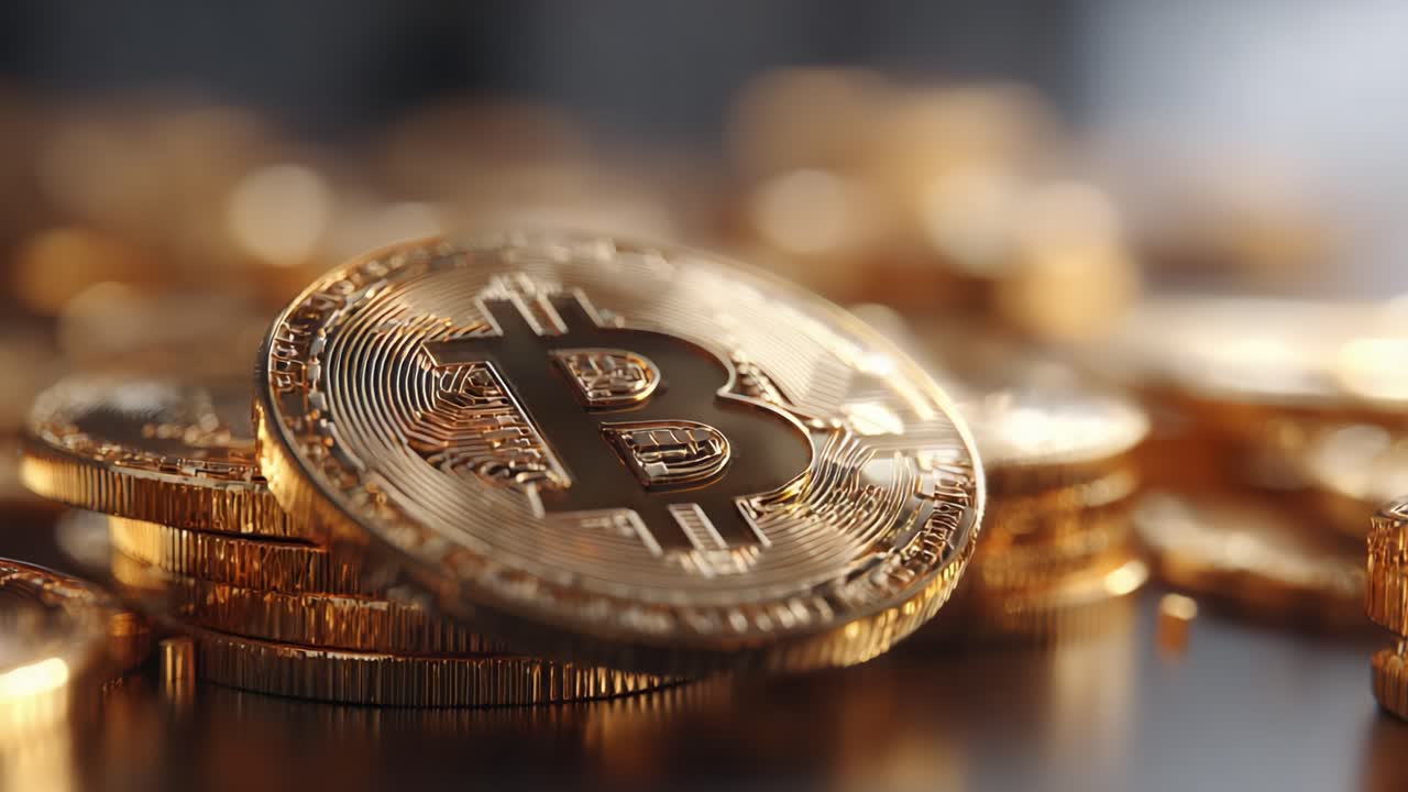 A Close-Up View of Glimmering Bitcoin Coins Stacked Together, Showcasing Their Intricate Design and Golden Luster as a Symbol of Digital Wealth and Investment Opportunities
