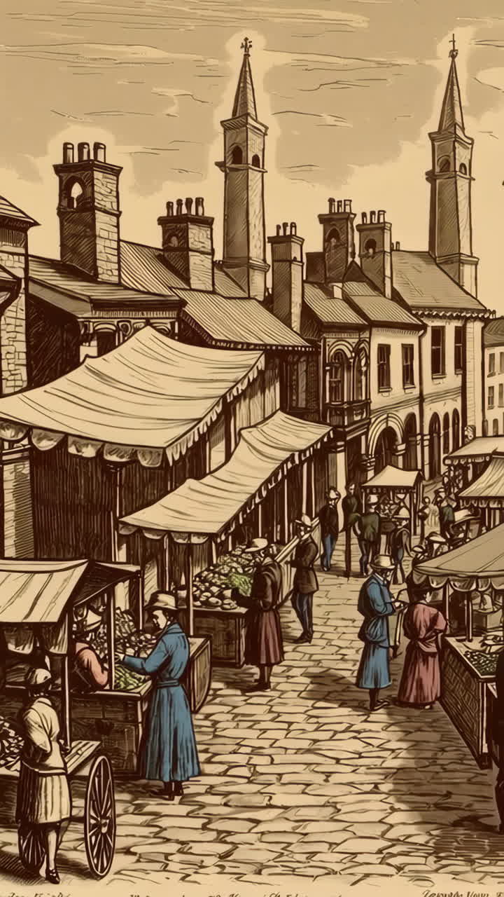 Vintage Engraving of a Bustling Historical Street Market