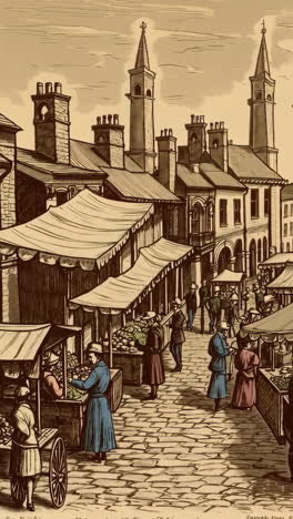 vintage engraving of a bustling historical street market