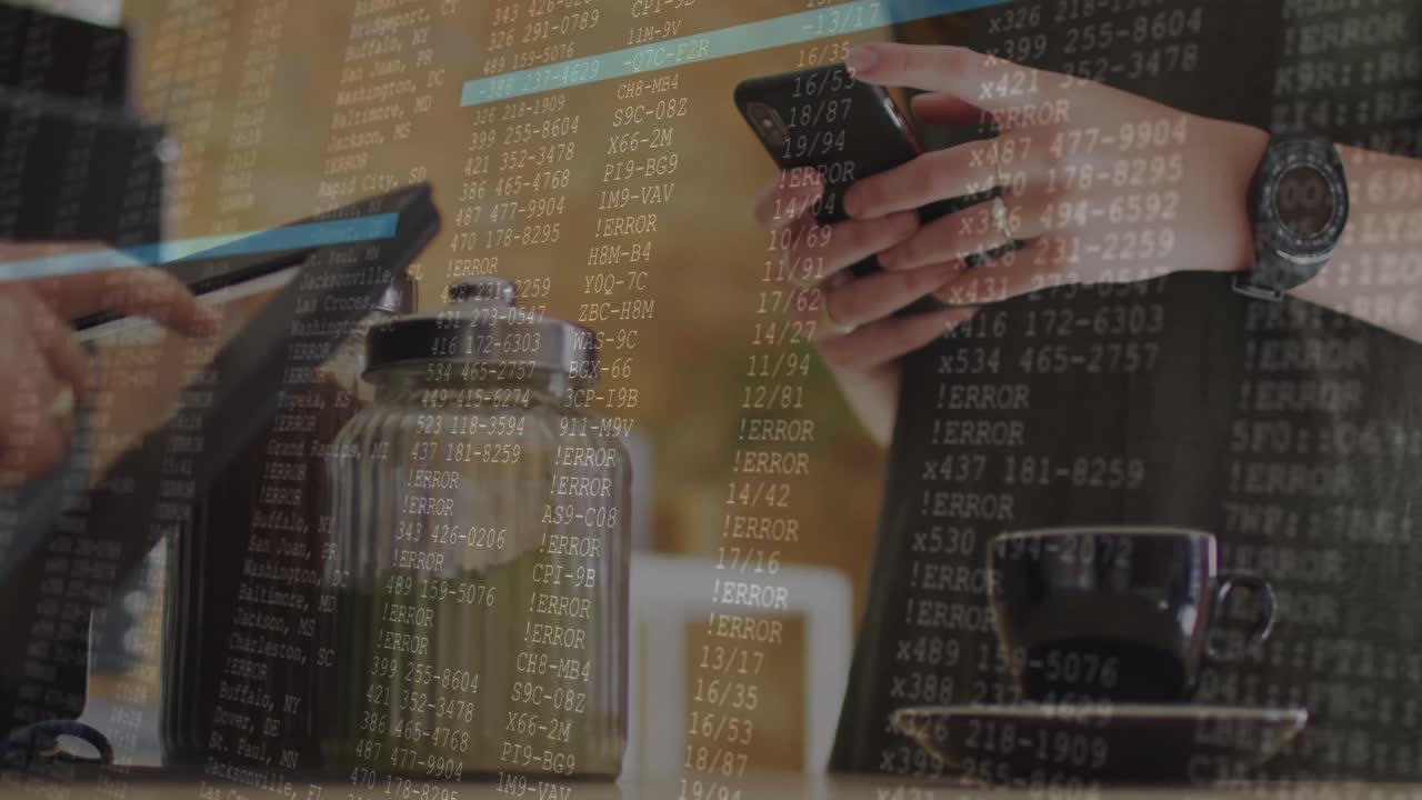Animation of data processing over hands using smartphone in cafe
