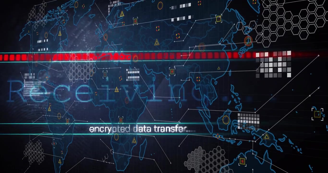 Vertical video: Cyan Receiving map activating on encrypted transfer, pulsing red bar, node flashing