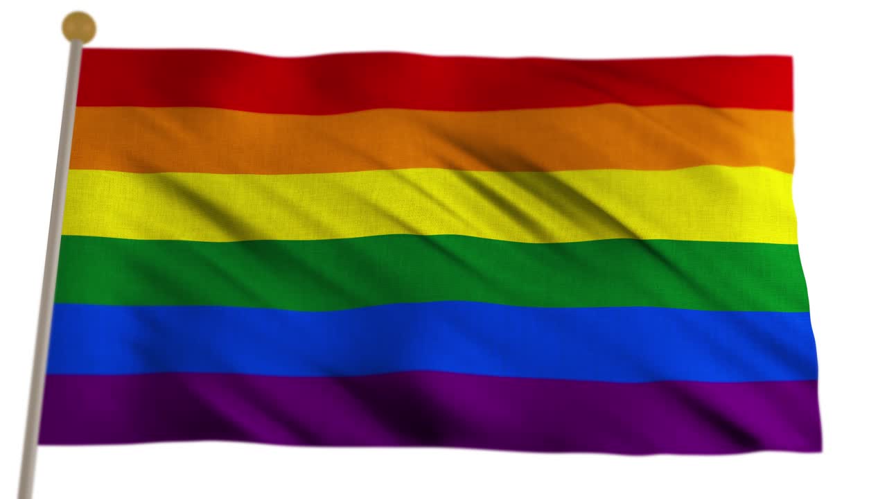 Sömlös loop av den regnbågsfärgade HBTQ-stolthetsflaggan som vajar. Högkvalitativ 3D-renderad animation som representerar gay pride, mångfald, jämlikhet och mänskliga rättigheter.