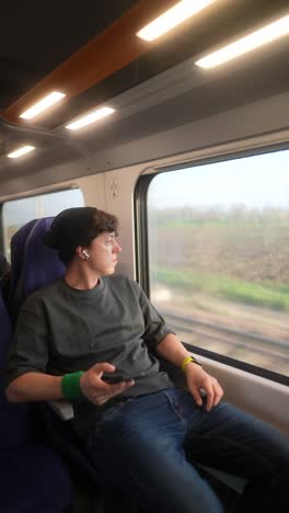 young man traveling by train