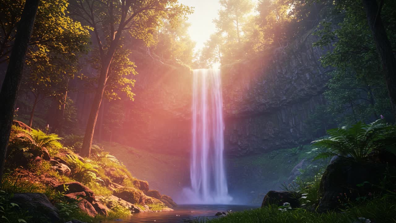 A Stunning Waterfall Cascades Through Lush Greenery, Illuminated by Gentle Sunlight in a Serene Natural Setting, Creating a Peaceful and Enchanting Atmosphere