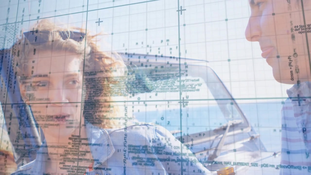 Digital code grid drifting to reveal couple chatting in convertible on coastal road for tech ad