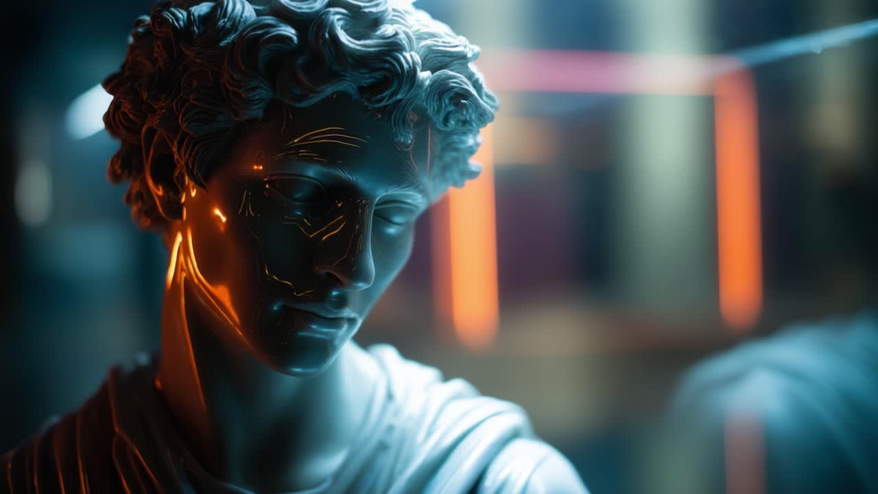Una estatua bellamente esculpida irradia una mezcla de arte clásico e iluminación moderna y resalta detalles intrincados y la artesanía en una impresionante muestra visual.