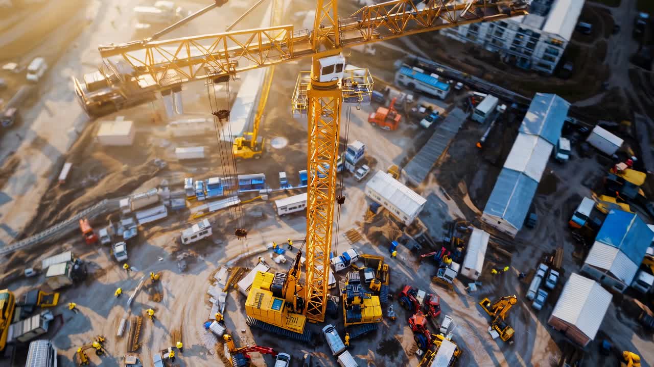 Aerial view of a bustling construction site with a towering crane, showcasing dynamic activity