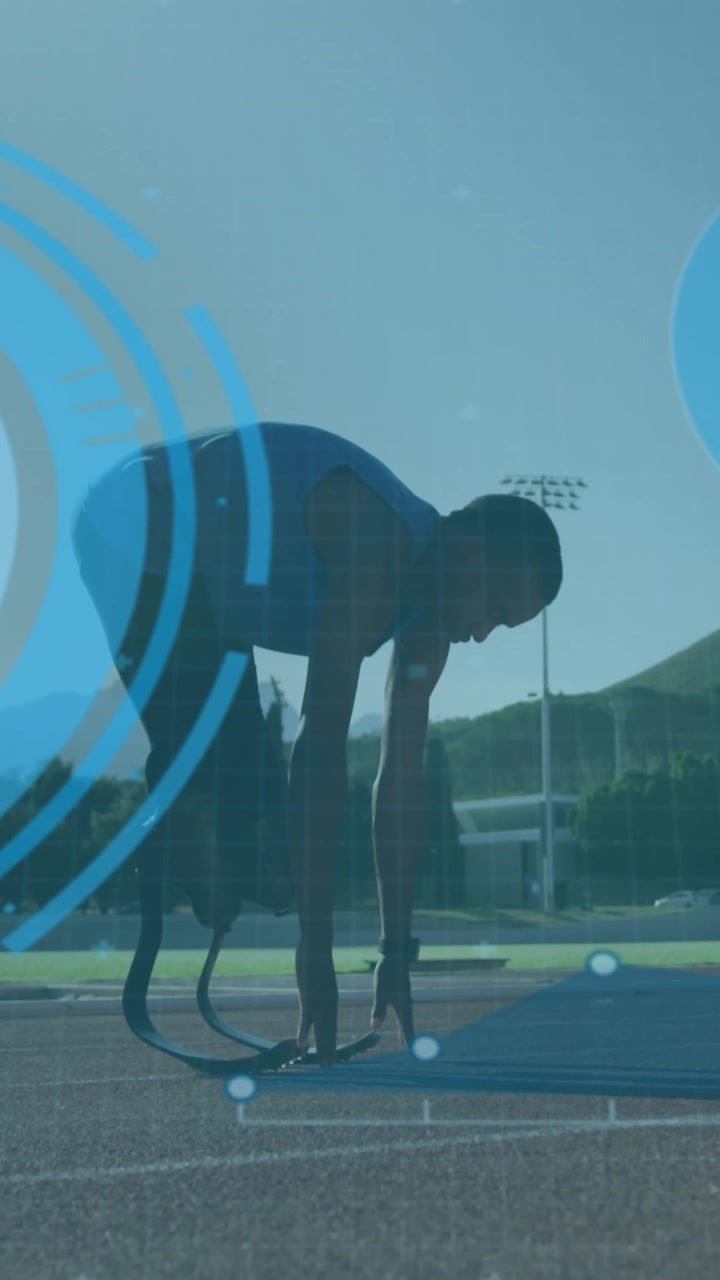 Animation of digital data over african american disabled man training with running blade