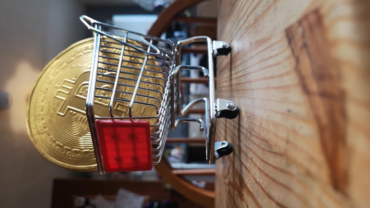 세로 클립:부엌 테이블 개념의 작은 쇼핑 카트에 있는 금 비트코인 암호화 통화가 천천히 뒤로 당겨집니다.