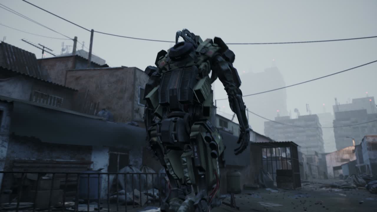 un robot de alta tecnología camina a través de los barrios pobres de la ciudad vieja. barrios pobres y chozas abandonadas en una ciudad desierta. edificios antiguos de gran altura. la animación es perfecta para fondos apocalípticos y de ciencia ficción.