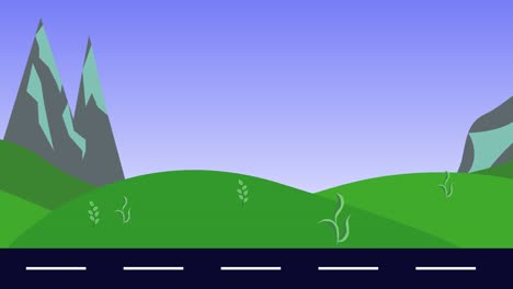 nature landscape animation of hills , mountain and road, flat design, seamless loop